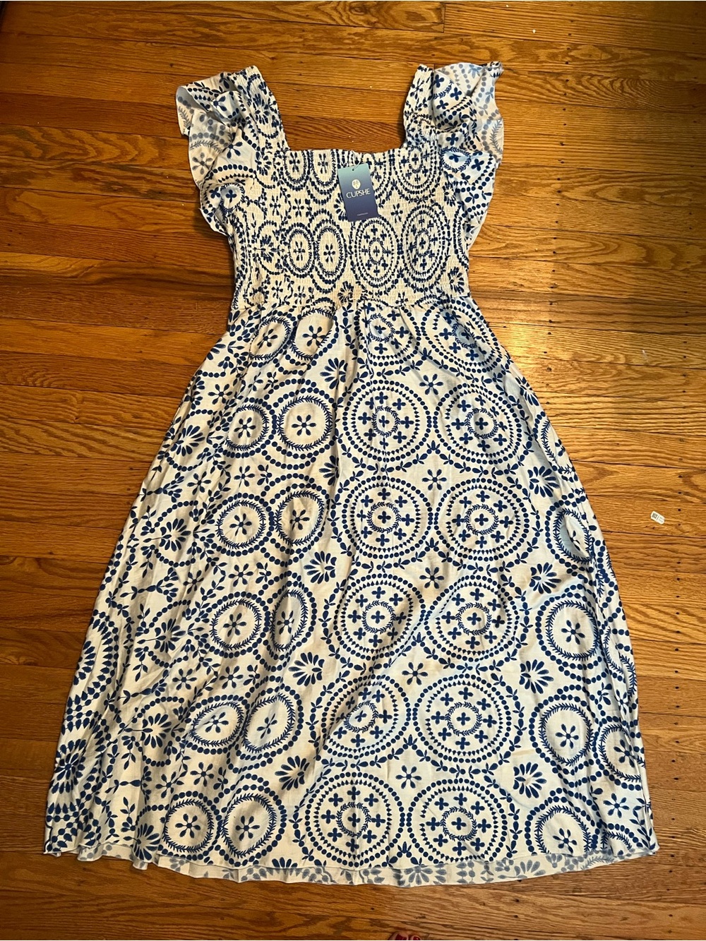 Cupshe Blue and White Printed Midi Dress with Flutter Sleeves